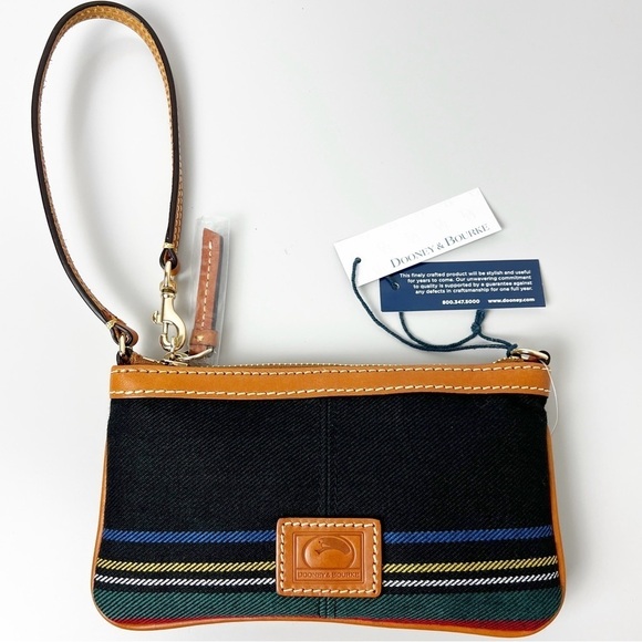 NEW Dooney & Bourke Tartan Stripe Large Zip Wristlet Black Blue Green Yellow Red - Picture 1 of 9